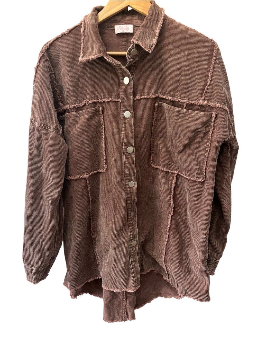 Pink Lily Corduroy Button-Up Shacket in Dusty Brown Size Large Jacket